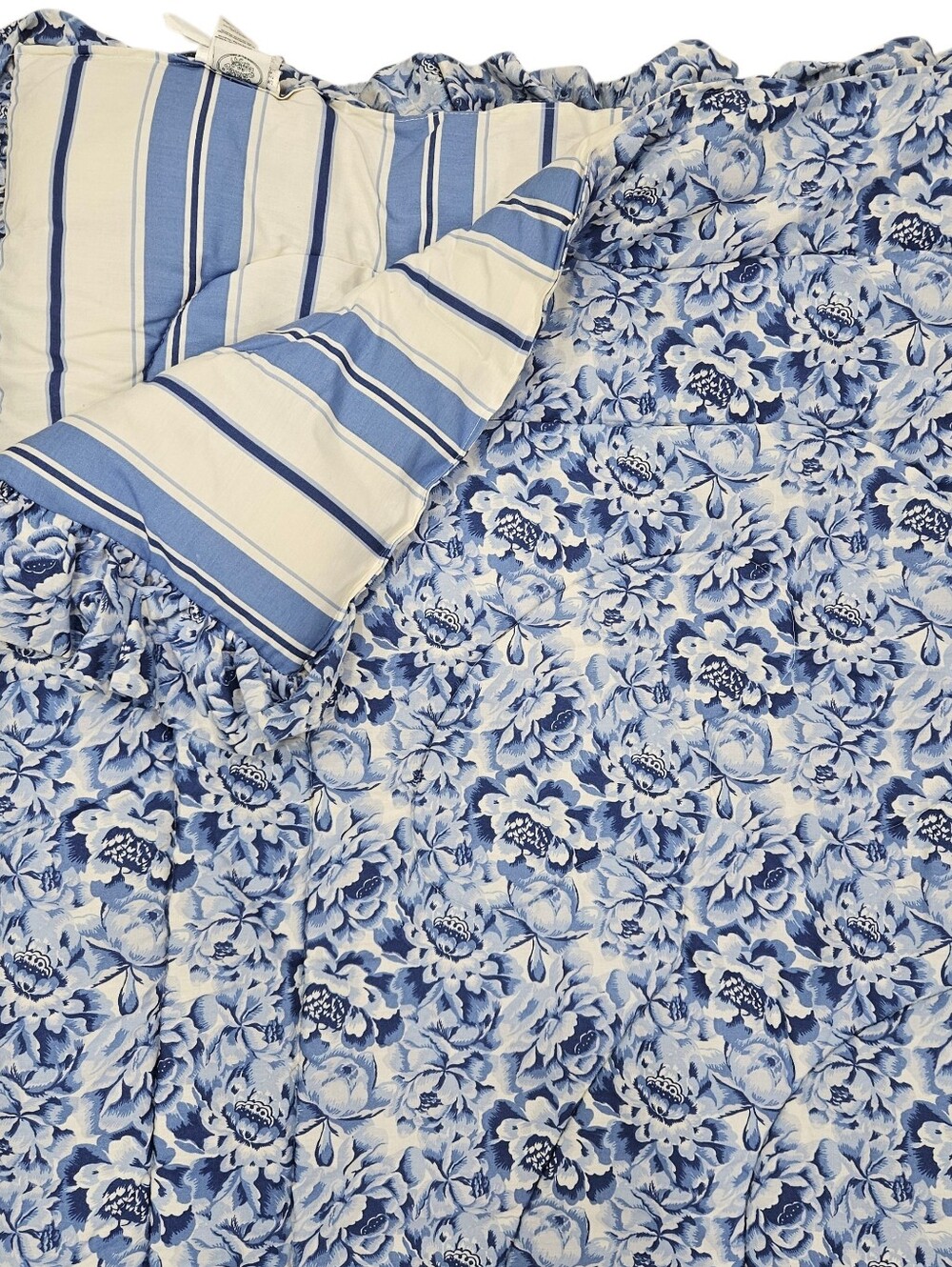 VTG Laura Ashley Palace Garden Twin Comforter Ruffled Blue Floral Stripe NWOT